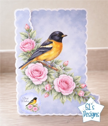 Orange‑Yellow Bird & Pink Roses Card Front – Floral Branch, Soft Background & Best Wishes Label