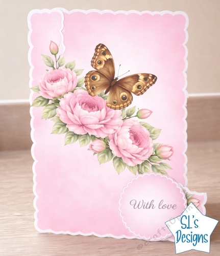 Brown Butterfly & Pink Peonies Card Front – Floral Bouquet, Soft Pink Background  