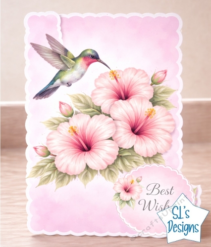 Hummingbird & Pink Hibiscus Card Front – Floral Bouquet, Soft Pink Background