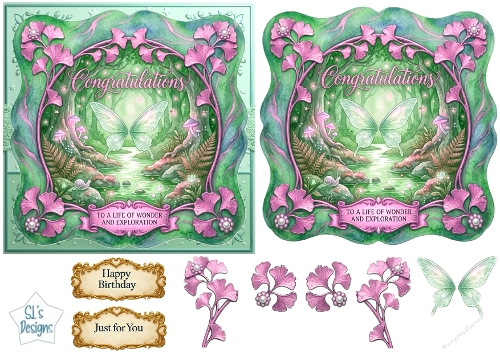 Enchanted Woodland Fairy Butterfly Card Topper – Pink Floral Frame & Magical Forest Scene 2