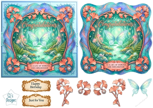 Enchanted Coral Ginkgo Butterfly Card Topper – Luxury Forest Scene with Pearls & Fantasy Glow 3