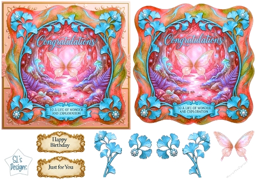 Enchanted Blue Floral Butterfly Card Topper – Magical Forest Scene with Luxury Ornate Frame 4