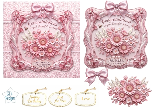 Pink Floral Luxury Frame Card Topper – Elegant Bouquet & Satin Bow for Birthdays, Weddings & New Chapters