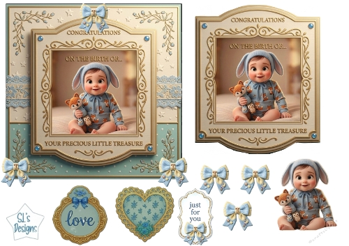 Baby Boy Blue Bunny Card Topper – Luxury Newborn Celebration with Gold Accents & Cute Forest Friend