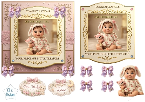 Baby Girl Pink Bunny Card Topper – Luxury Newborn Celebration with Gold Accents & Sweet Pastel Florals