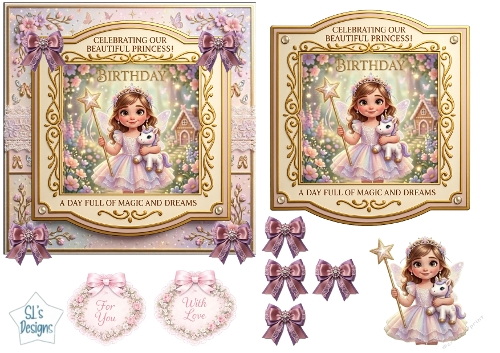 Princess & Unicorn Birthday Card Topper – Magical Pastel Garden with Gold Frame & Fairy Princess