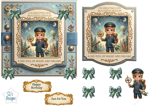 Prince Explorer Birthday Card Topper – Magical Blue & Gold Adventure Theme for Boys
