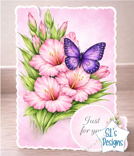 Pink Floral Bouquet Card – Butterfly & Flowers – Elegant Just for You Printable Topper