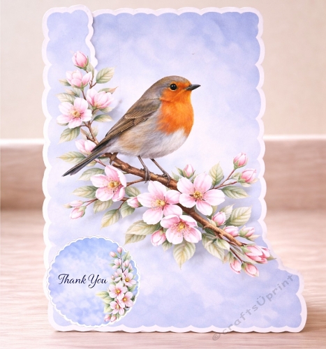Robin on Blossom Branch Card – Floral Bird Thank You Topper – Elegant Nature Printable