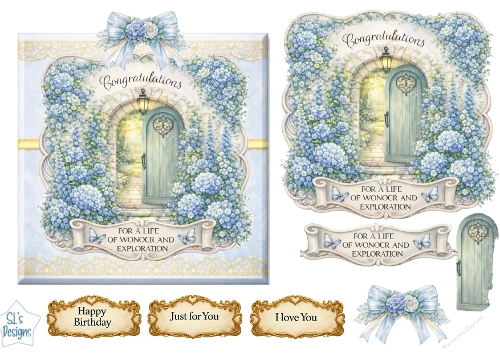    Blue Floral Archway Luxury Card Topper – Elegant Doorway, Lantern & Pastel Flowers