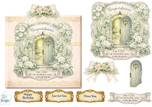 White Rose Archway Luxury Card Topper – Vintage Door, Lantern & Elegant Floral Frame
