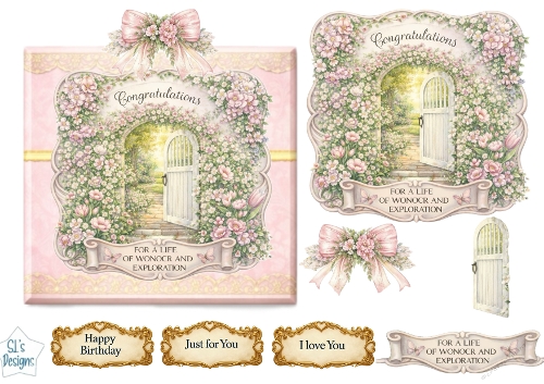 Pink Garden Gate Luxury Card Topper – Romantic Roses, Lantern Glow & Pastel Floral Frame