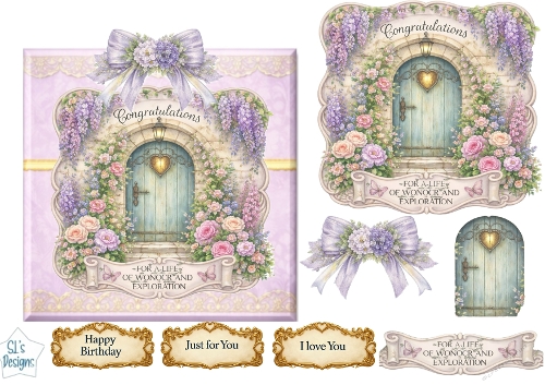 Lavender Doorway Floral Luxury Card Topper – Blue Arch, Wisteria & Pastel Ribbon Frame