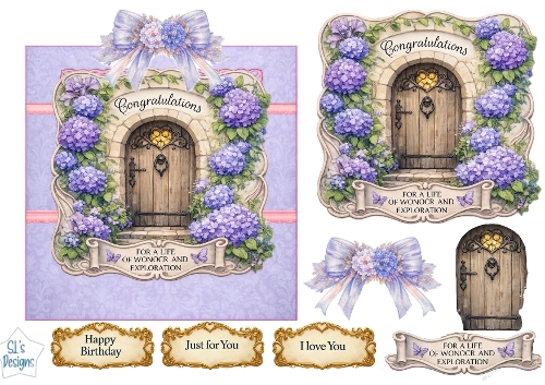 Purple Hydrangea Doorway Luxury Card Topper – Rustic Arch, Butterflies & Elegant Floral Frame