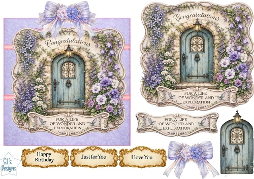 Lavender Garden Doorway Luxury Card Topper – Rustic Blue Arch, Purple Blooms & Pastel Ribbon