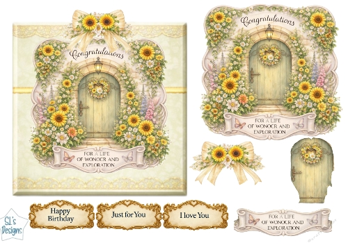 Sunflower Garden Doorway Luxury Card Topper – Rustic Arch, Warm Florals & Country Charm