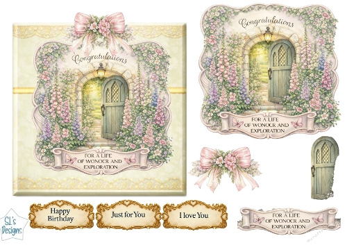 Pink & Purple Floral Doorway Luxury Card Topper – Vintage Arch, Lantern Glow & Romantic Blooms