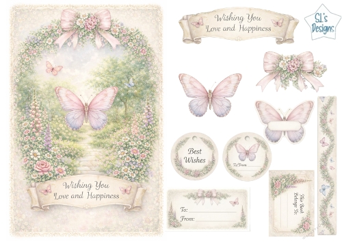 Butterfly Garden Path Luxury Card Topper – Pastel Florals, Pink Bow & Enchanted Spring Scene