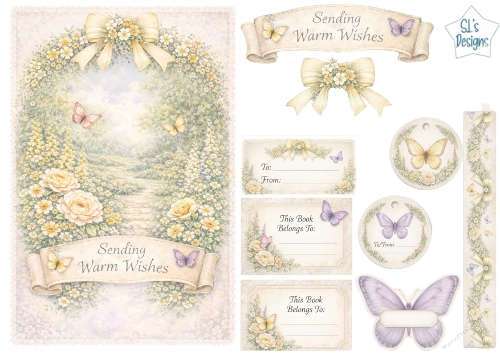 Yellow Rose Garden Path Luxury Card Topper – Soft Florals, Butterflies & Warm Wishes