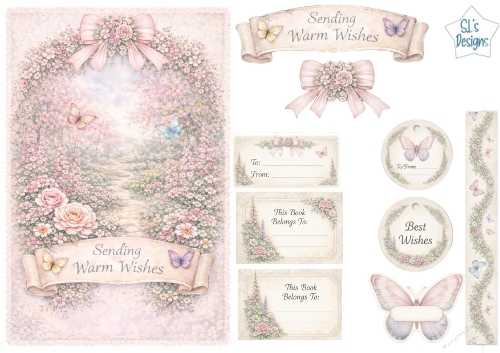Pink Butterfly Garden Path Luxury Card Topper – Pastel Florals, Soft Blooms & Warm Wishes