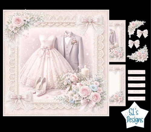Wedding Attire Floral Card Kit – Bride Dress, Groom Suit & Pastel Roses – Elegant Wedding Day Printable