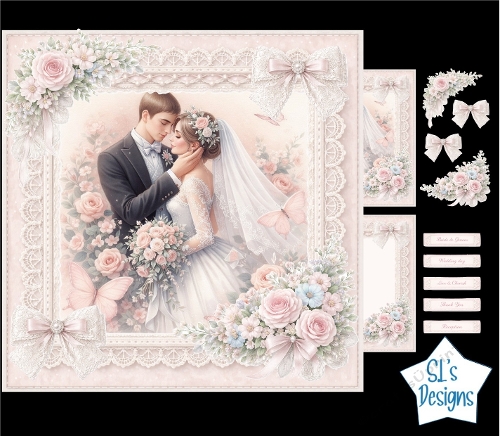 Romantic Wedding Couple Card Kit – Bride & Groom with Pastel Roses – Elegant Love & Cherish Printable