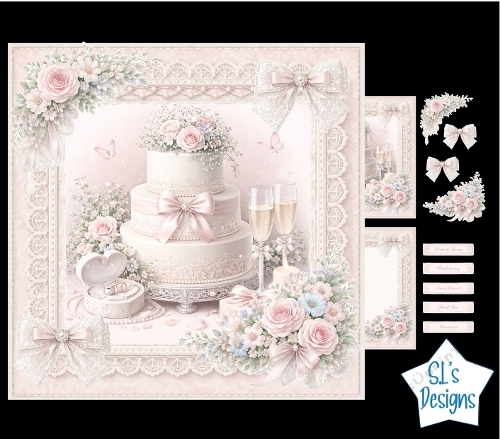 cup1438830_135813 - Wedding Cake Floral Card Kit – Three‑Tier Cake, Rings & Champagne – Elegant Romantic Wedding Printable
