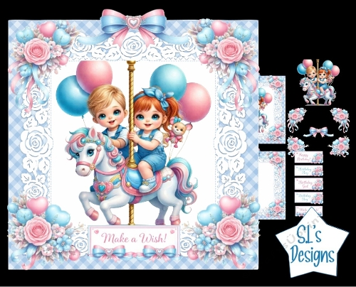 Carousel Children Birthday Card Kit – Pastel Horse, Balloons & Make a Wish – Cute Birthday Printable