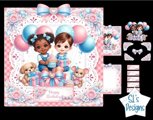 Cute Kids Birthday Card Kit – Cupcake, Gifts & Balloons – Pastel Party Printable