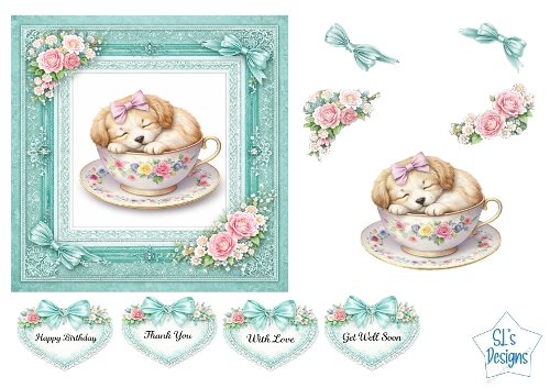 Cute Puppy in Floral Teacup Card Kit – Pastel Roses & Teal Lace – Sweet All‑Occasion Printable