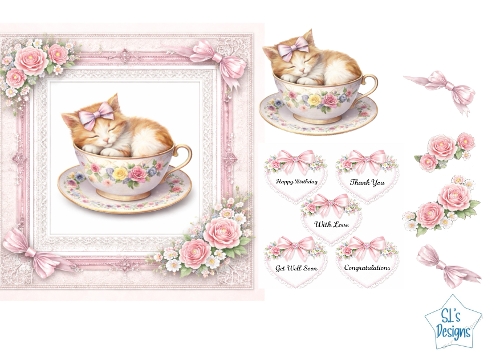 Cute Kitten in Floral Teacup Card Kit – Pink Roses & Lace – Sweet All‑Occasion Printable