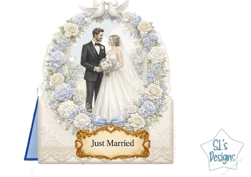 Blue & White Wedding Couple Frame Topper – Floral Arch, Doves & Just Married Printable