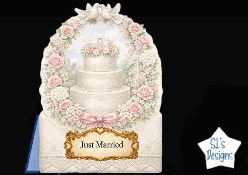 Pink Rose Wedding Cake Frame Topper – Floral Arch, Doves & Just Married Printable