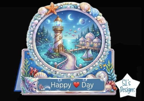 Fantasy Seaside Village Frame Topper – Lighthouse, Moonlit Ocean & Happy Day Printable