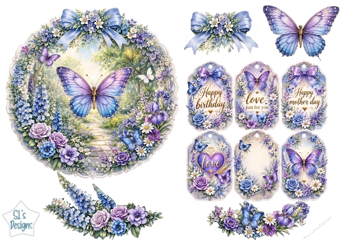 Purple Butterfly Garden Wreath Topper Set – Floral Frames, Tags & Sentiments Printable