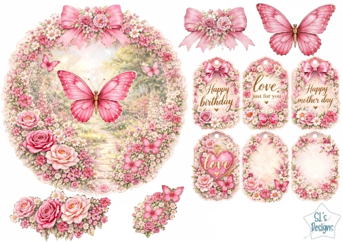 Pink Butterfly Garden Wreath Topper Set – Floral Frames, Tags & Sentiments Printable