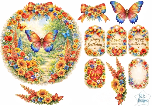 Rainbow Butterfly Garden Wreath Topper Set – Floral Frames, Tags & Sentiments Printable