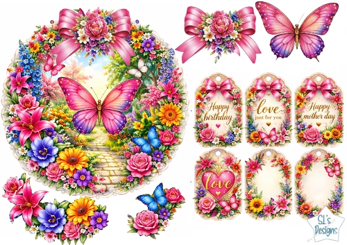 Vibrant Butterfly Garden Wreath Topper Set – Floral Frames, Tags & Sentiments Printable