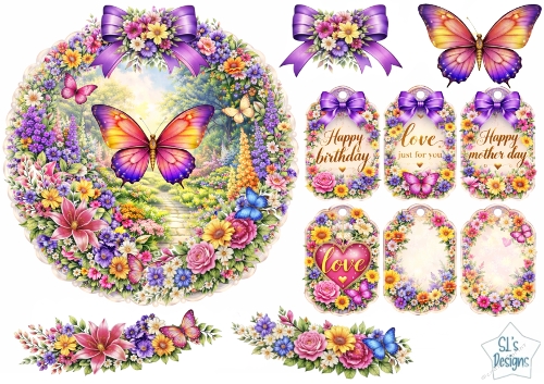 Purple Butterfly Garden Wreath Topper Set – Floral Frames, Tags & Sentiments Printable 2