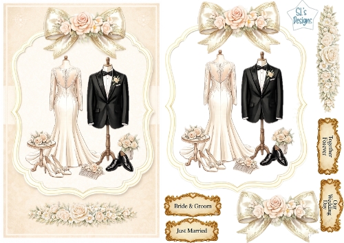 Luxury Wedding Attire Card Topper • Elegant Bride & Groom Mannequins • Pastel Floral Printable