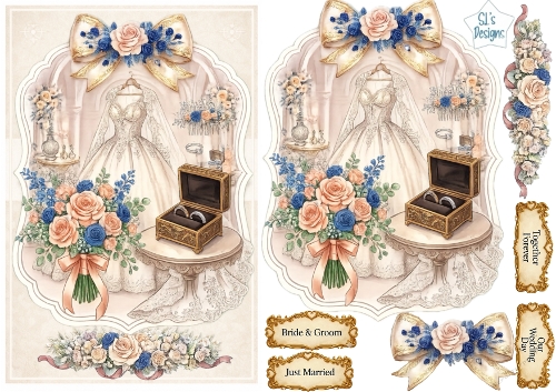 Luxury Bridal Gown Card Topper • Romantic Wedding Rings Table • Pastel Floral Printable Sheet
