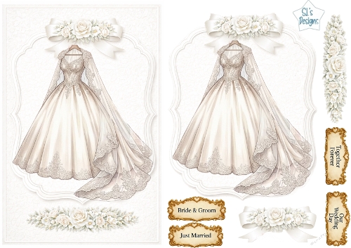 Luxury Bridal Gown Card Topper • Elegant Lace Wedding Dress • White Rose Floral Printable