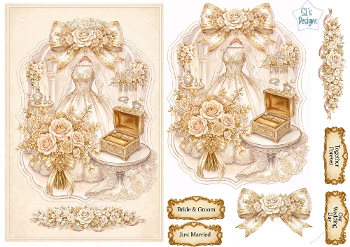 Luxury Vintage Bridal Gown Card Topper • Ivory Lace Wedding Dress • Elegant Floral Printable Sheet