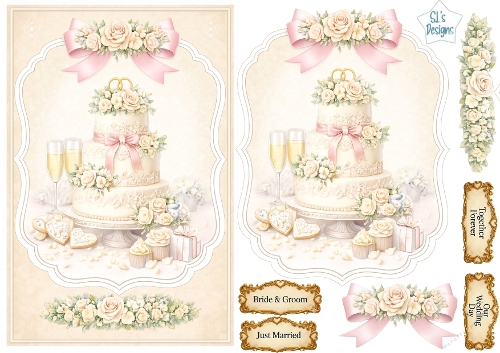 Luxury Wedding Cake Card Topper • Ivory Lace Celebration • Romantic Pastel Printable Sheet