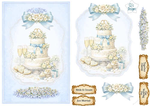 Luxury Blue Wedding Cake Card Topper • Elegant Lace Celebration • Pastel Floral Printable Sheet