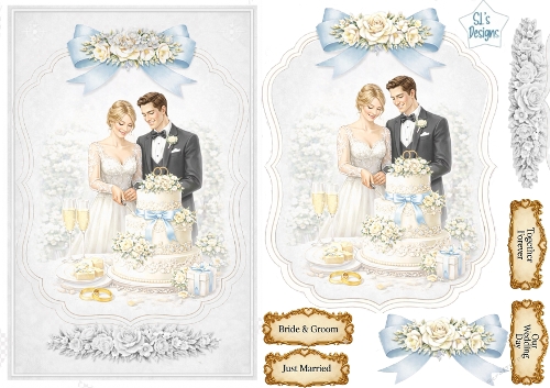 Luxury Wedding Cake Cutting Card Topper • Romantic Bride & Groom • Elegant Blue & White Printable Sheet