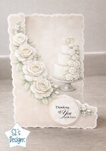 Luxury Wedding Cake & White Roses Thinking of You Card Topper