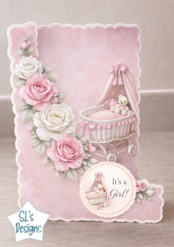 Sweet Baby Girl Pram & Pink Roses Card Topper