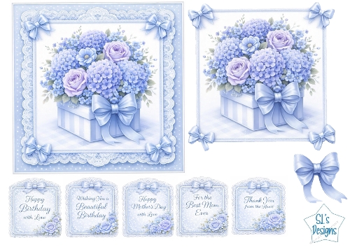 Floral Gift Box Card Kit – Blue & Lavender Roses with Lace – Elegant All‑Occasion Printable