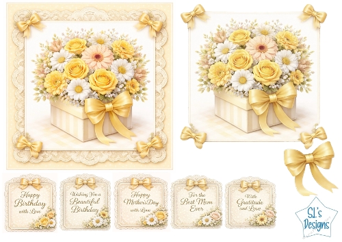 Floral Gift Box Card Kit – Yellow & Cream Roses with Lace – Elegant All‑Occasion Printable